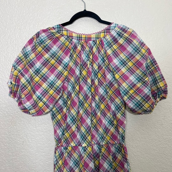 Betsey Johnson Pink Plaid Midi Dress Puff Sleeve Size M - Picture 12 of 15